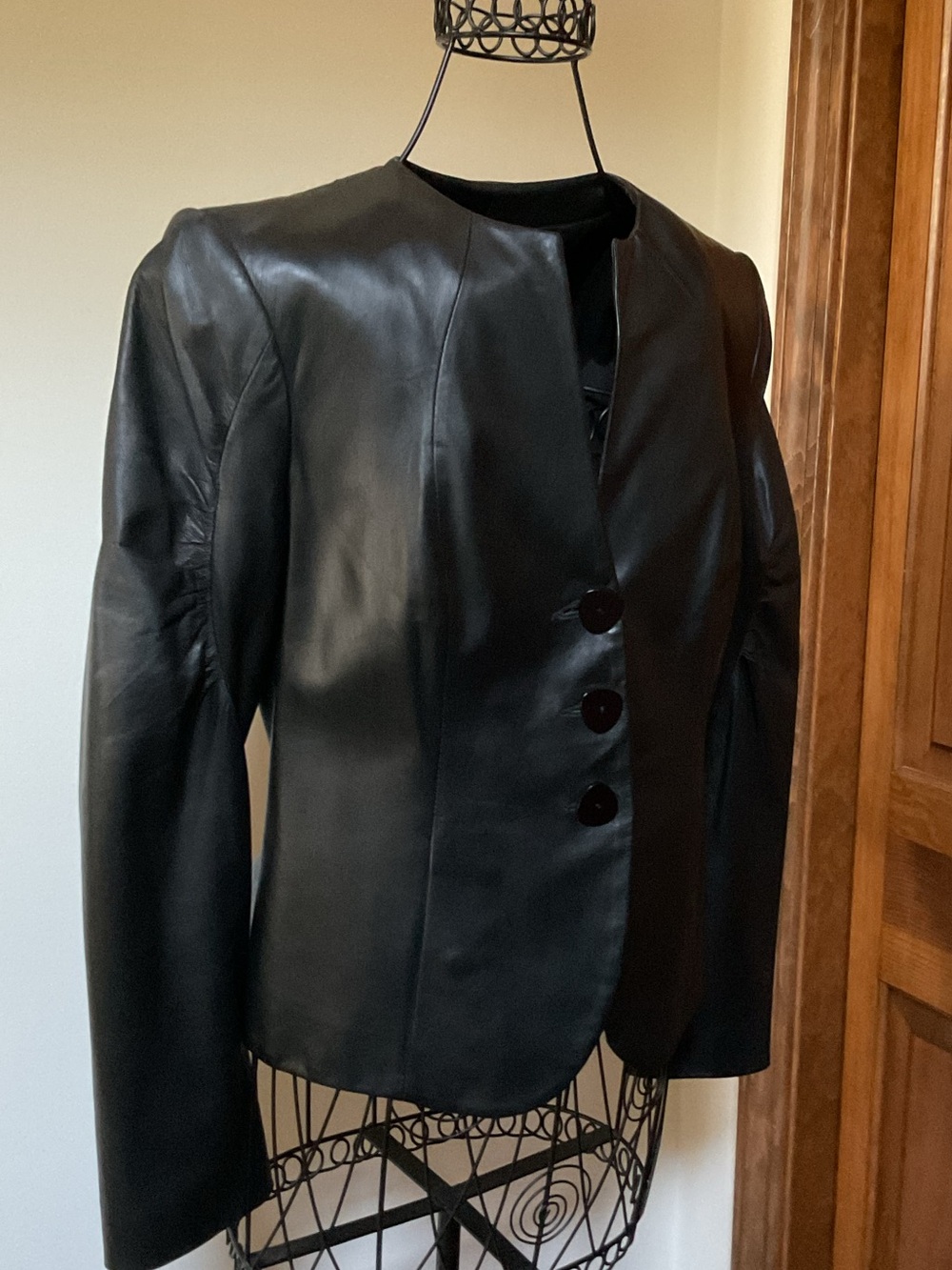 Vintage Black Leather Women's Jacket - Round Neck, Three-Button Front, 6 - Picture 4 of 7